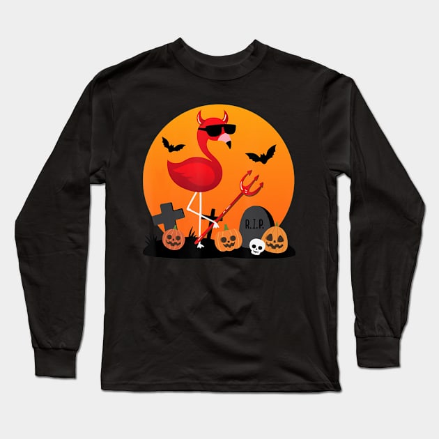 Cute Funny Devil Flamingo Lover Pumpkin Halloween Party Long Sleeve T-Shirt by ChristianCrecenzio